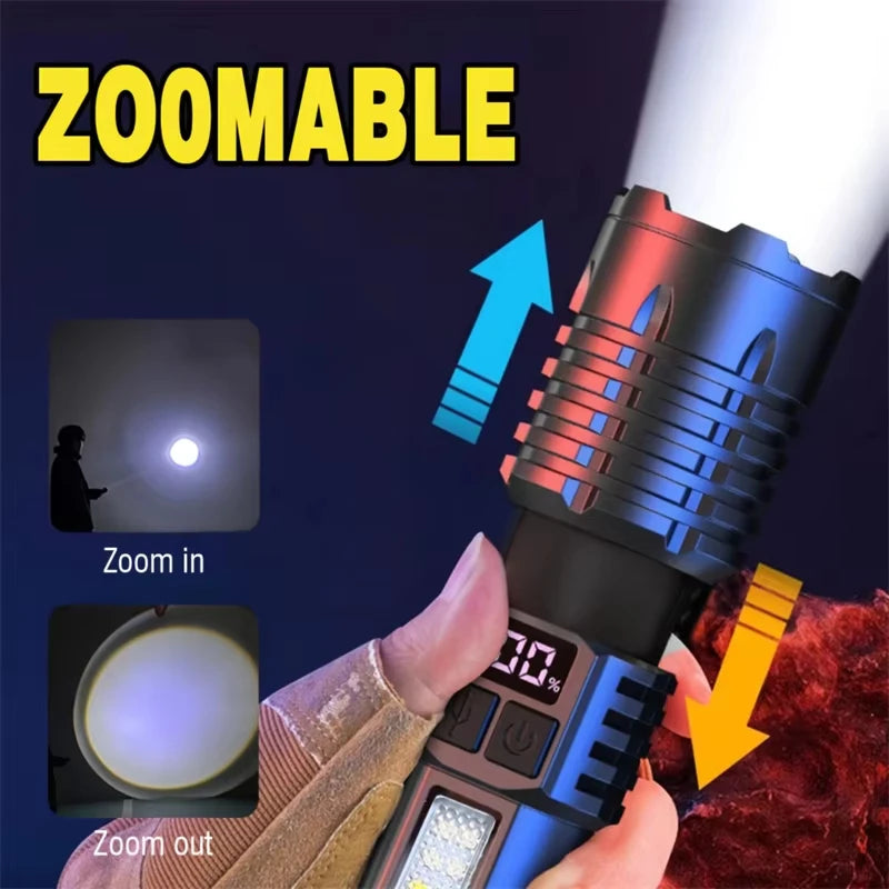 High Power Rechargeable Led Flashlight Very Strong with Side Light Torch Portable Emergency Lighting for Camping Hiking