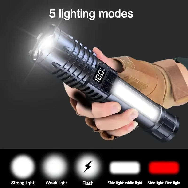 High Power Rechargeable Led Flashlight Very Strong with Side Light Torch Portable Emergency Lighting for Camping Hiking